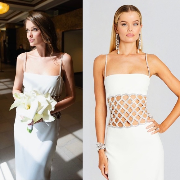 NWT RETROFETE Crystal & Pearl Embellished Lattice Waist Cutout Sleeveless Gown S - Picture 6 of 11